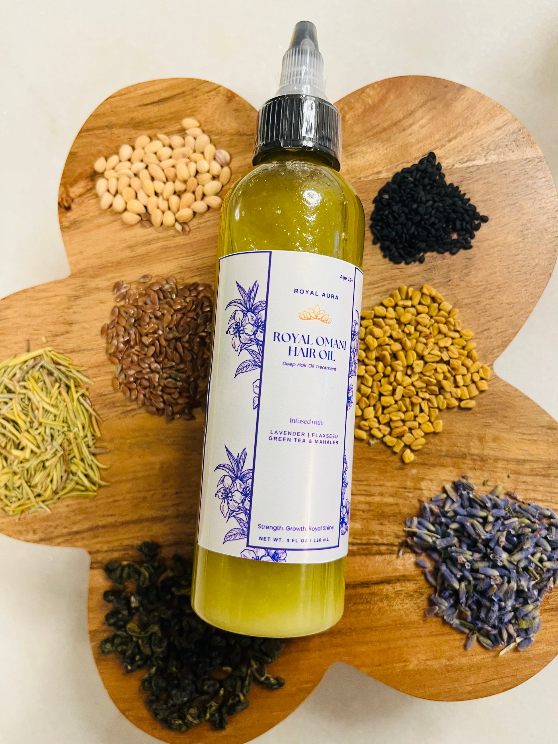 natural herbal hair oil with lavender, green tea, flaxseed, and mehltab. Royal omani hair oil - 4 OZ